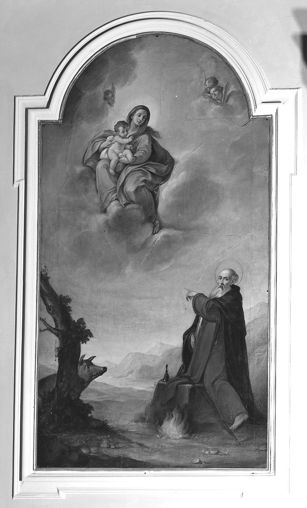 Sant'Antonio Abate indica la Madonna con Bambino che appare in cielo (dipinto) di Varotti Giuseppe (sec. XVIII)