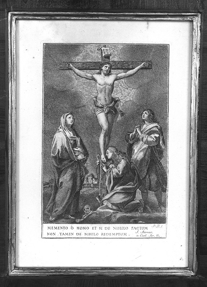 Cristo crocifisso con la Madonna, San Giovanni Evangelista e Santa Maria Maddalena (incisione) - produzione emiliana (metà sec. XIX)