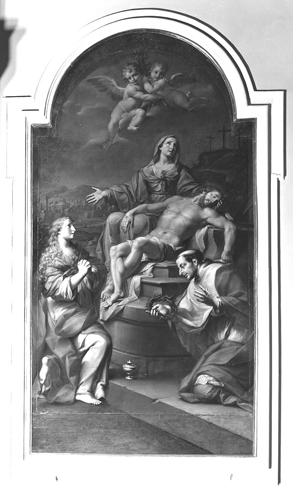 Cristo deposto con la Madonna, Santa Maria Maddalena e San Carlo Borromeo (dipinto) di Marchesi Giuseppe detto Sansone (sec. XVIII)