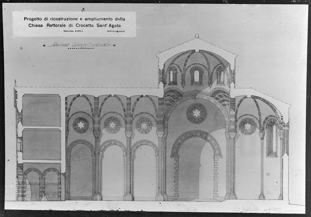 progetto di ricostruzione e ampliamento della Chiesa Rettorale di Crocetta Sant'Agata (disegno) di Scabotti Maschio, Badini Angela (sec. XX)