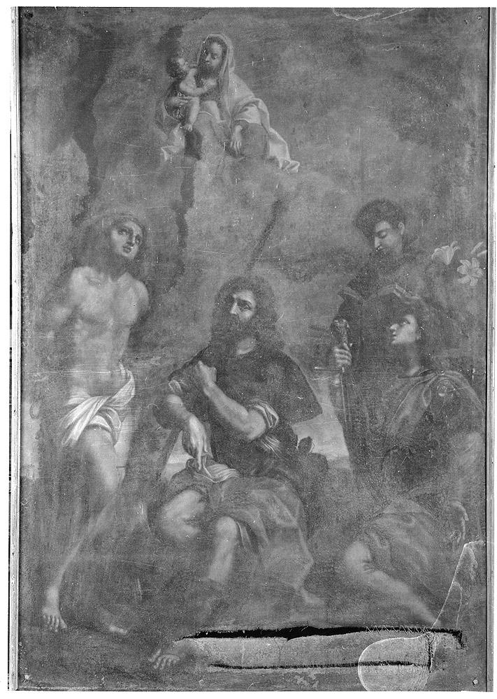 Madonna con Bambino, San Sebastiano, San Rocco, Sant'Antonio da Padova e San Pancrazio (dipinto) di De Santi Michele (metà sec. XVII)