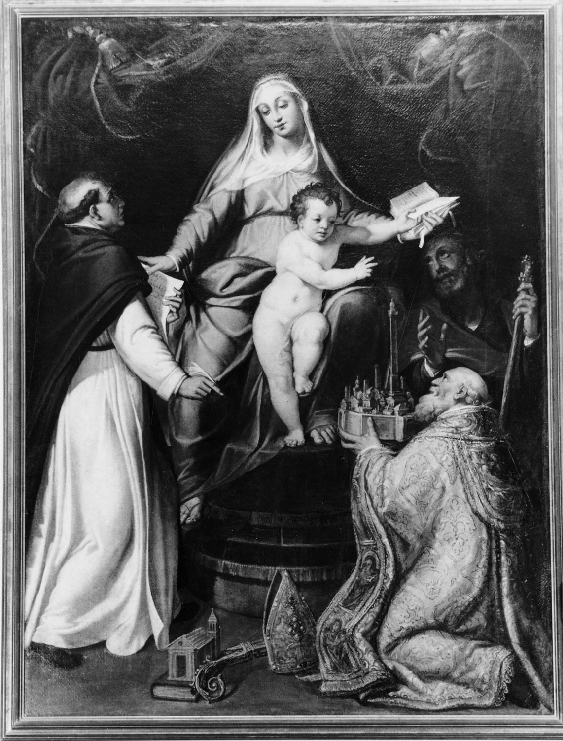 Sacra Famiglia con San Domenico e San Petronio (dipinto) di Passarotti Bartolomeo (sec. XVI)