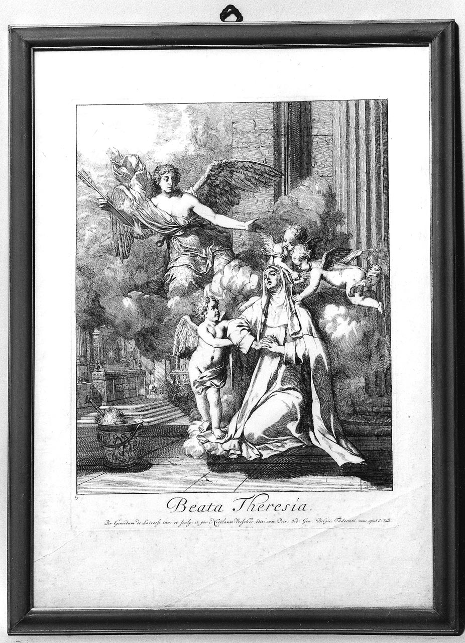 Santa Teresa d'Avila ha la visione dell'angelo che le trafigge il cuore con una freccia ardente (incisione) - bottega belga (sec. XVIII)