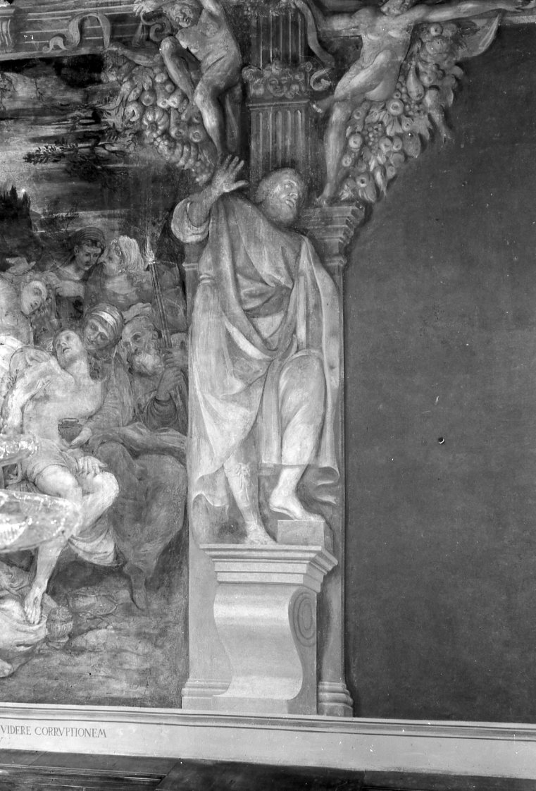 architettura illusionistica con profeta (dipinto, elemento d'insieme) - ambito bolognese (secc. XVI/ XVII)