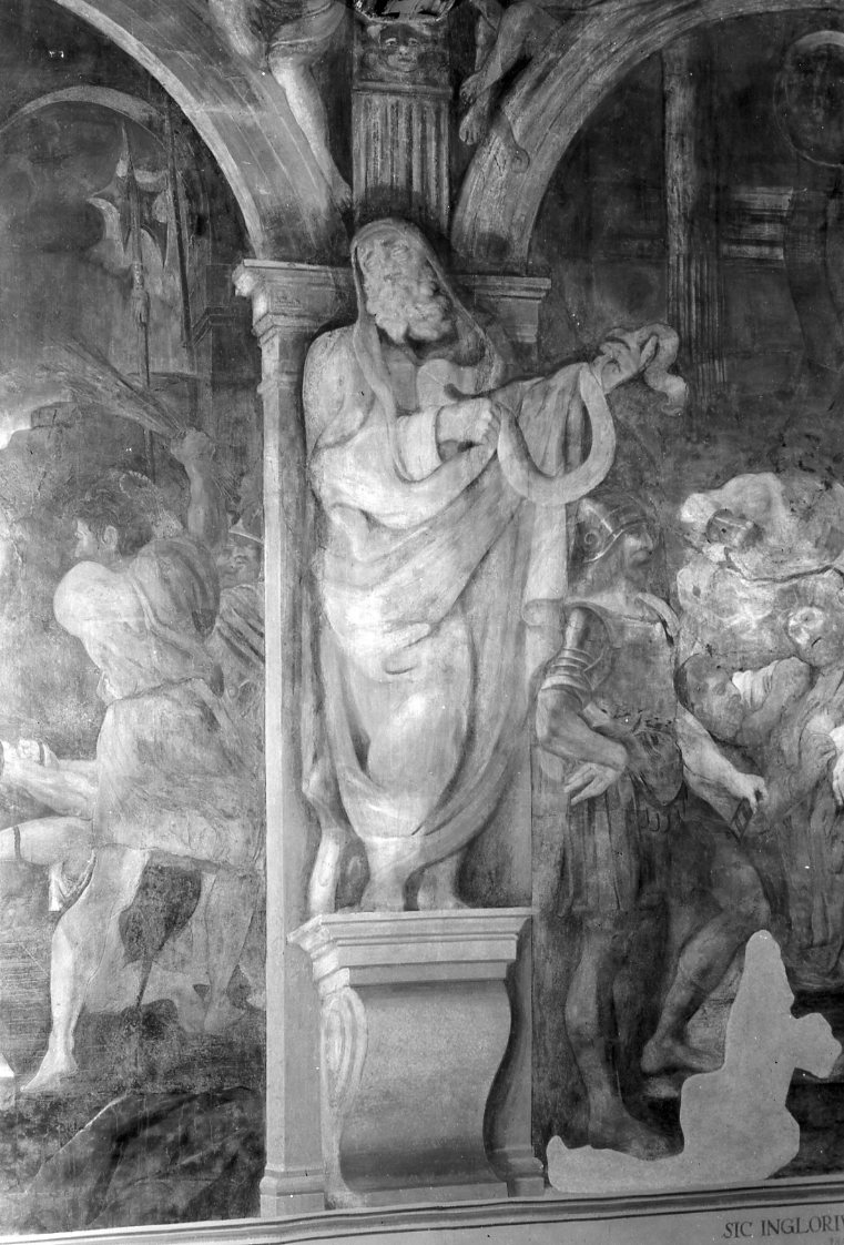 architettura illusionistica con profeta (dipinto, elemento d'insieme) - ambito bolognese (secc. XVI/ XVII)