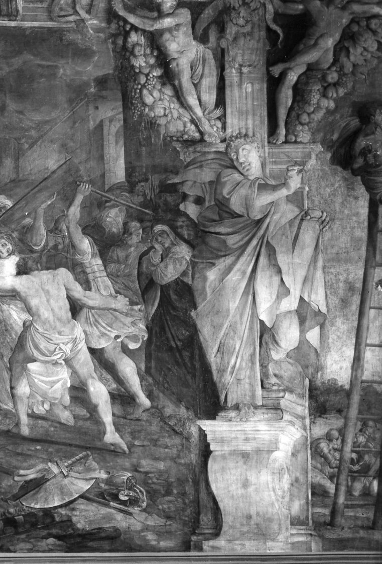 architettura illusionistica con profeta (dipinto, elemento d'insieme) - ambito bolognese (secc. XVI/ XVII)