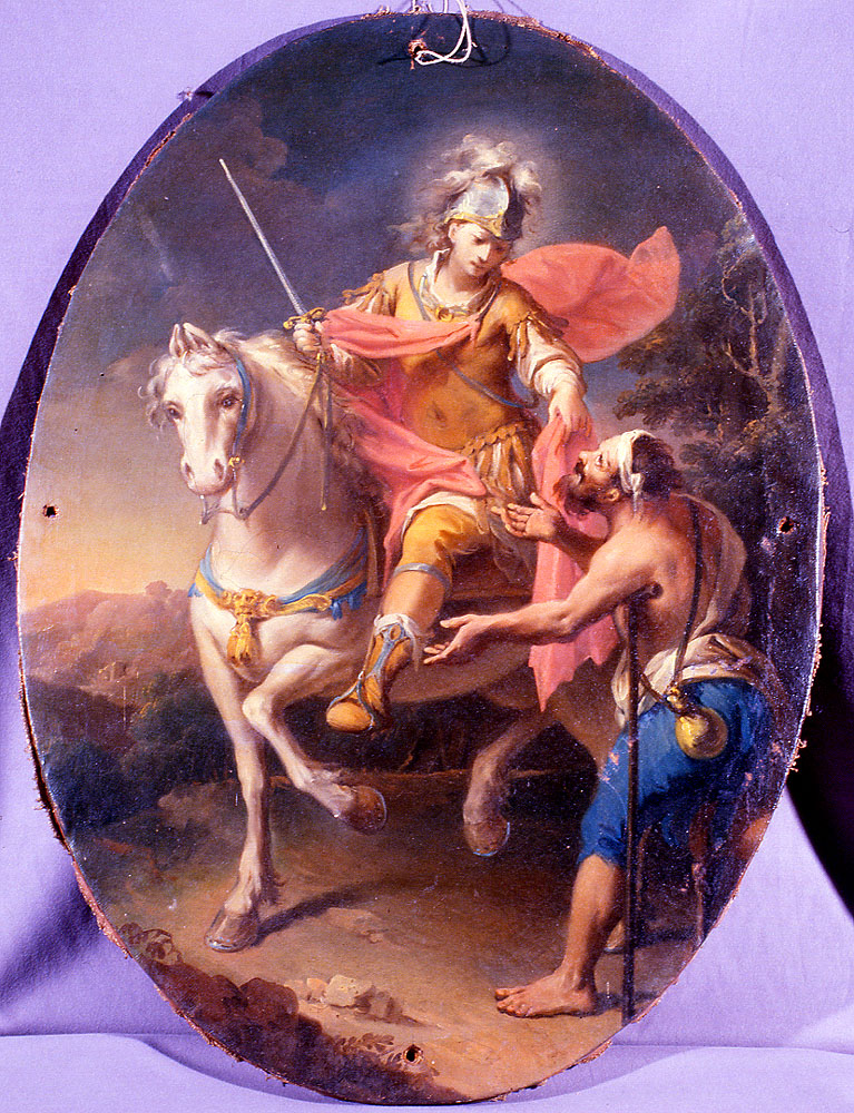 San Martino dona parte del mantello al povero (dipinto) di Bertuzzi Nicola detto Anconetano (attribuito) (sec. XVIII)