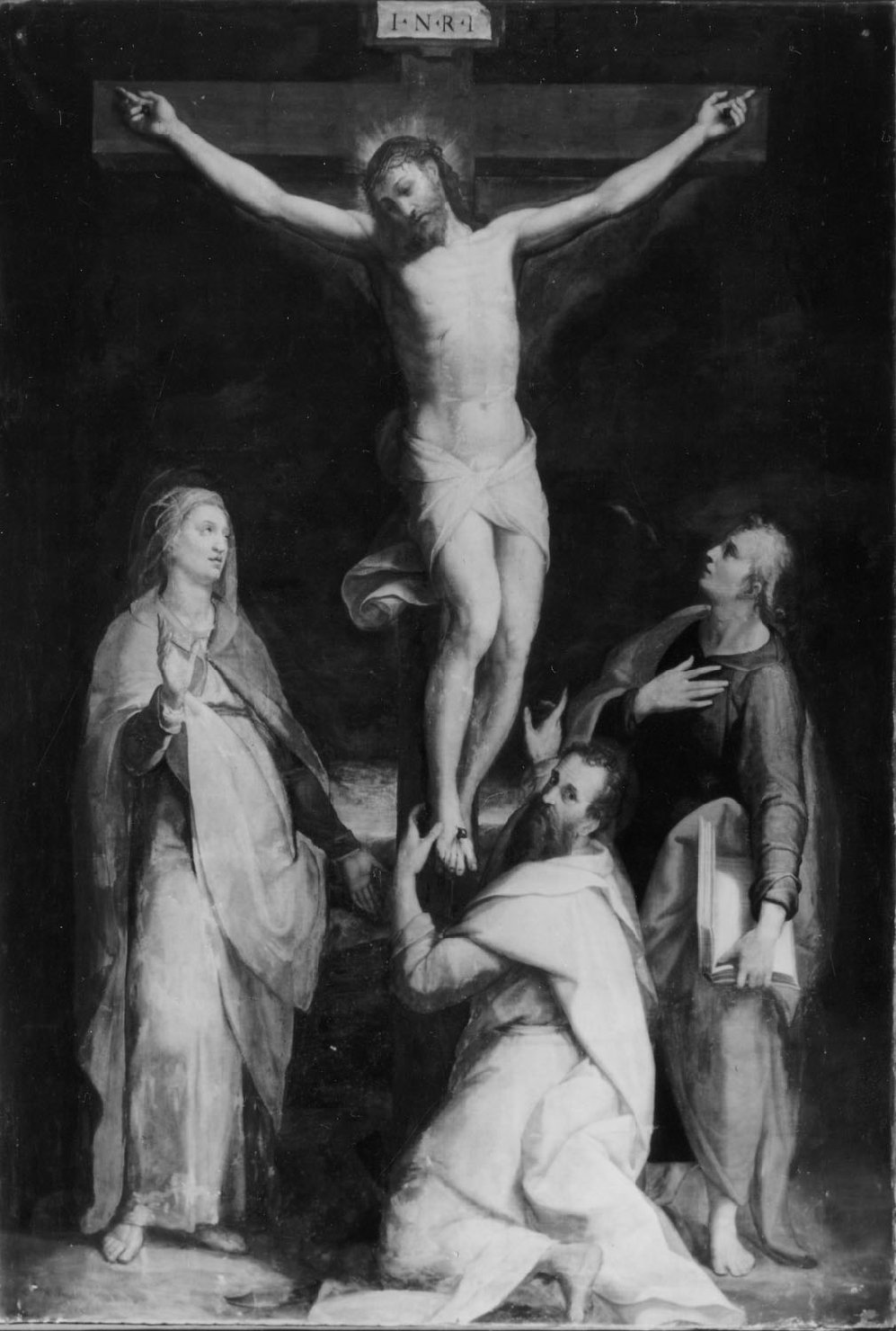 Gesù Cristo crocifisso con Madonna, San Giovanni e San Bernardo (dipinto, opera isolata) di Samacchini Orazio (terzo quarto sec. XVI)