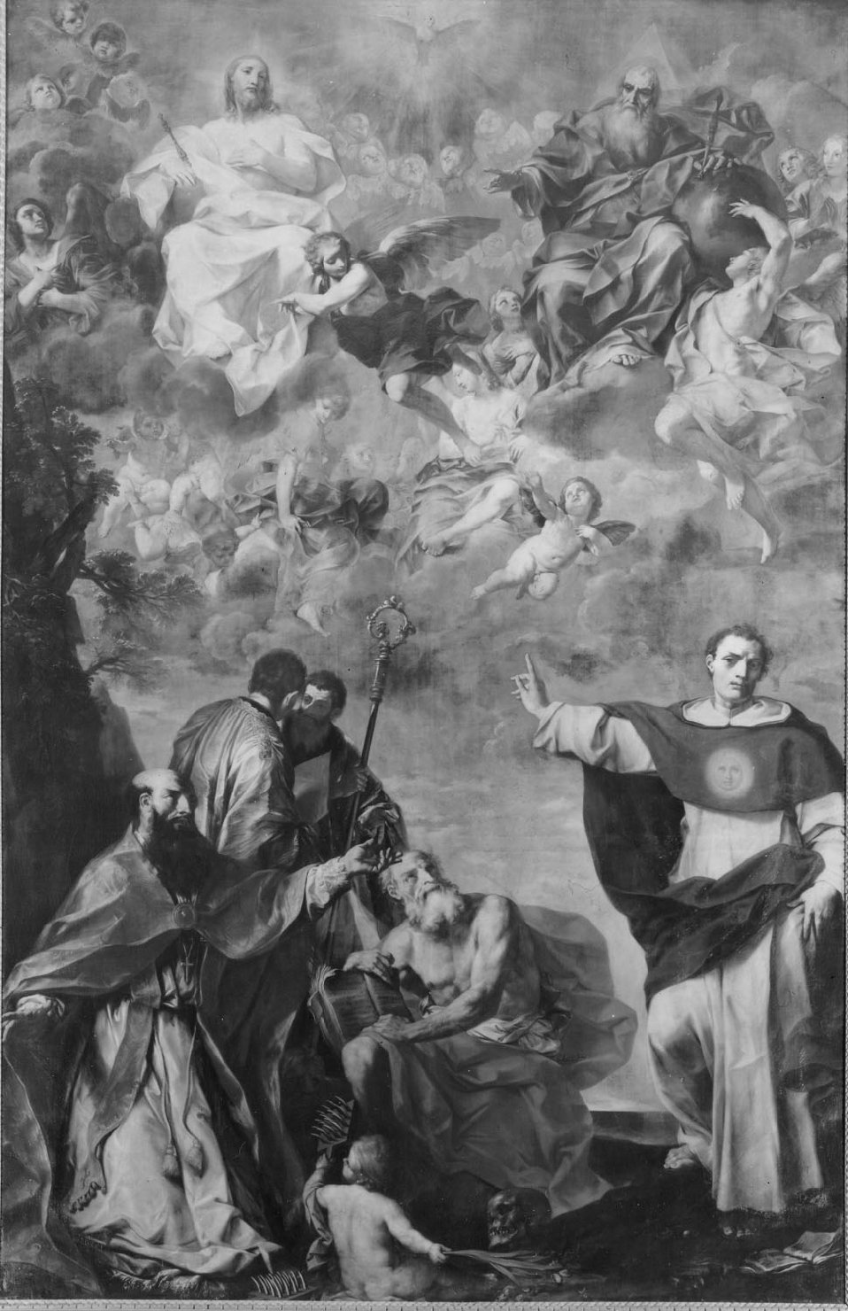 Trinità fra angeli con San Biagio, San Girolamo e Beato Colombrini (dipinto, opera isolata) di Torelli Felice (primo quarto sec. XVIII)