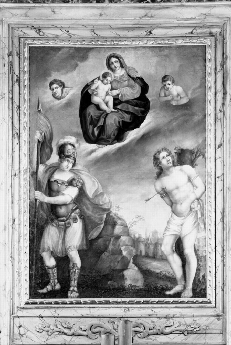 Madonna con Bambino in gloria con i Santi Venanzio e Sebastiano (dipinto) di Gualandini Antonio (attribuito) (sec. XIX)