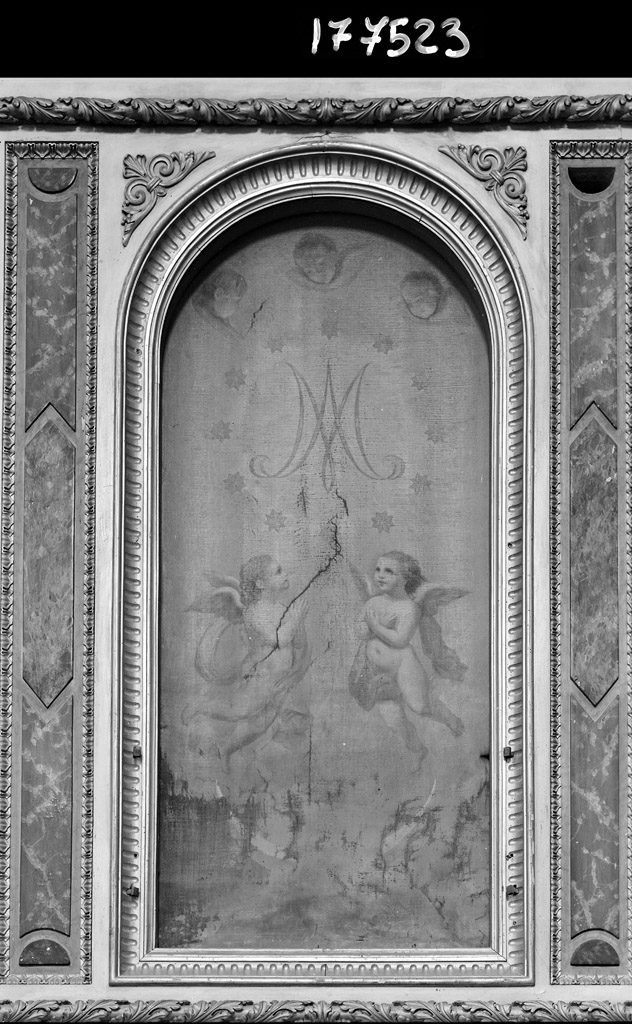 Angeli in volo; Monogramma mariano (cooperta di immagine sacra) - manifattura bolognese (fine/inizio secc. XIX/ XX)