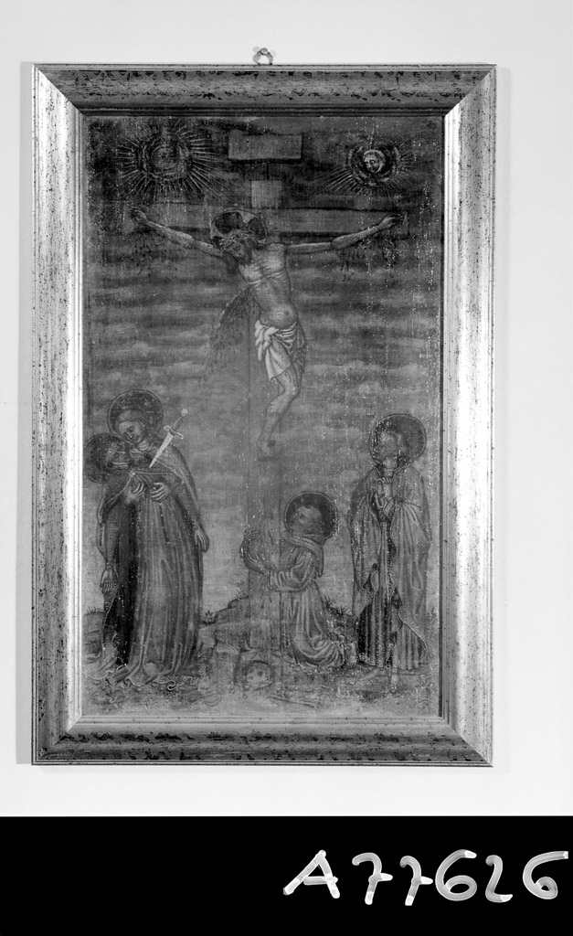 Cristo crocifisso con la Madonna, San Francesco e san Giovanni evangelista (dipinto) - ambito ferrarese (secondo quarto sec. XV)