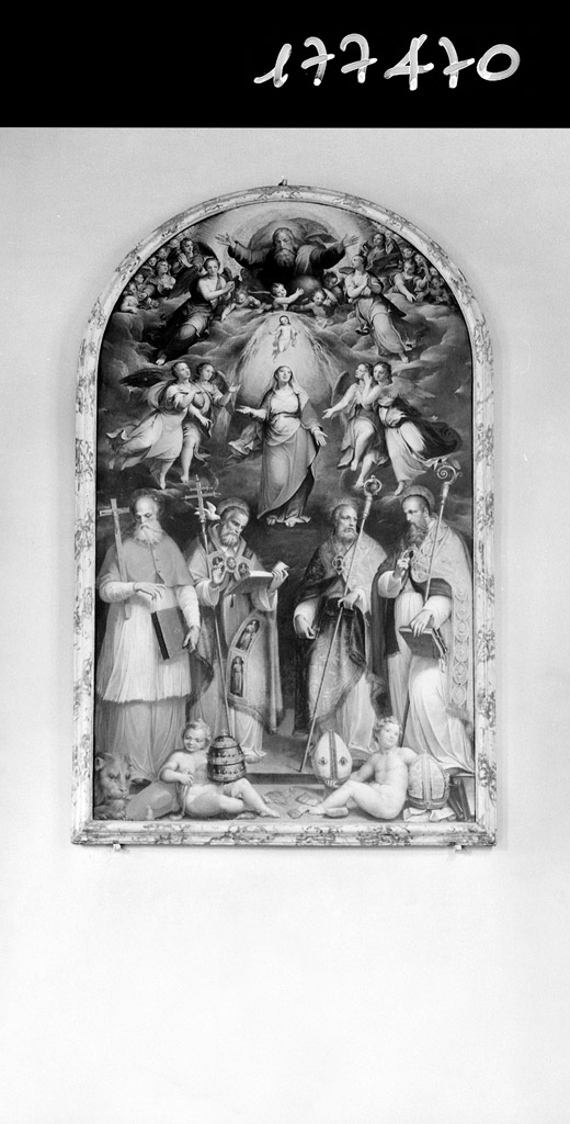 Madonna assunta e i quattro Dottori della Chiesa (dipinto) di Ramenghi Giovanni Battista detto Bagnacavallo il Giovane (sec. XVI)