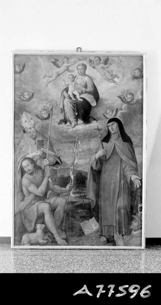 Madonna con Bambino in gloria con Sant'Erasmo, San Giovanni Battista, la Beata Paola Mezzavacca e cardinale (dipinto) - ambito bolognese (sec. XVII)