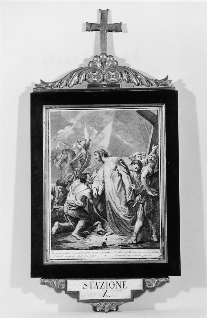 stazione X: Gesù spogliato e abbeverato di fiele (incisione, elemento d'insieme) di Angeli Giuseppe, Del Colle Pellegrino (sec. XVIII)