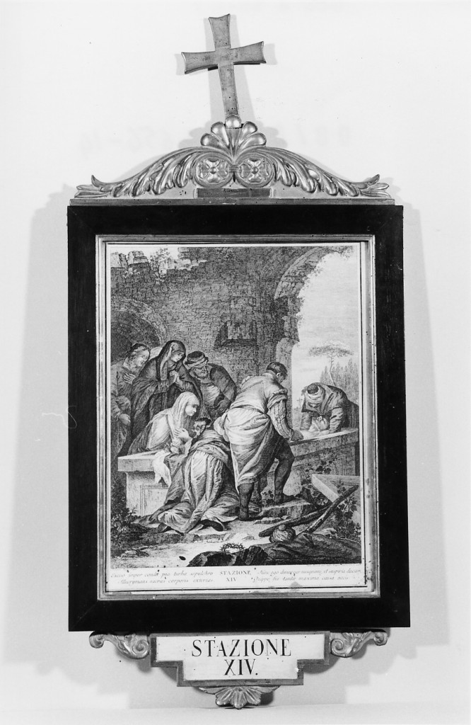 stazione XIV: Gesù deposto nel sepolcro (incisione, elemento d'insieme) di Zugno Francesco, Berardi Fabio (sec. XVIII)