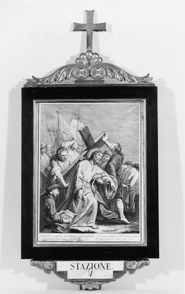 stazione V: Cristo aiutato da Simone Cireneo a portare la Croce (incisione) di Angeli Giuseppe, Del Colle Pellegrino (sec. XVIII)