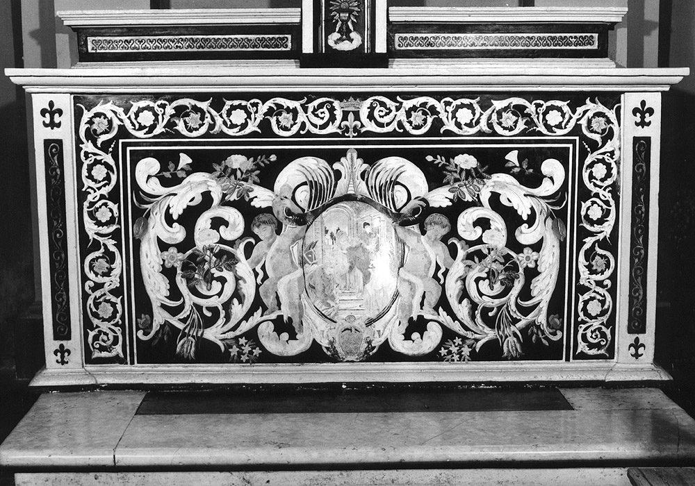 Visitazione; angeli; motivi decorativi vegetali (paliotto) - manifattura emiliana (seconda metà sec. XVII)