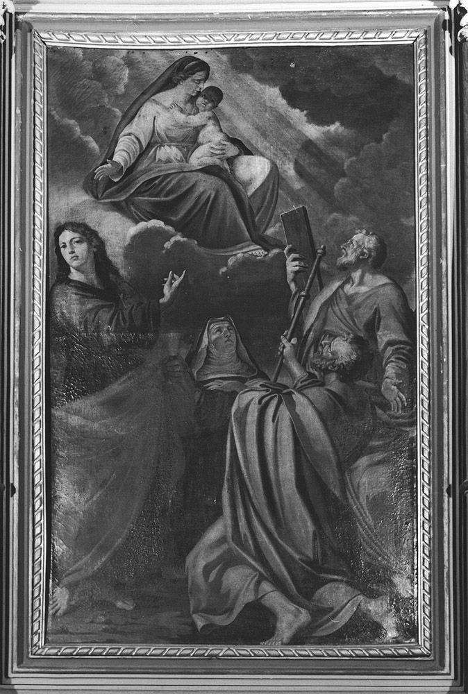 Madonna con Bambino e San Giovanni Evangelista, Santa Rita, Sant'Andrea, San Giacomo (dipinto) - ambito emiliano (seconda metà sec. XVII)