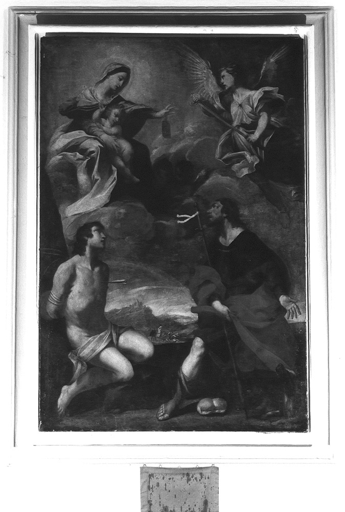 Madonna con Bambino e angelo appaiono a San Rocco e San Sebastiano (dipinto) - ambito emiliano (sec. XVII)