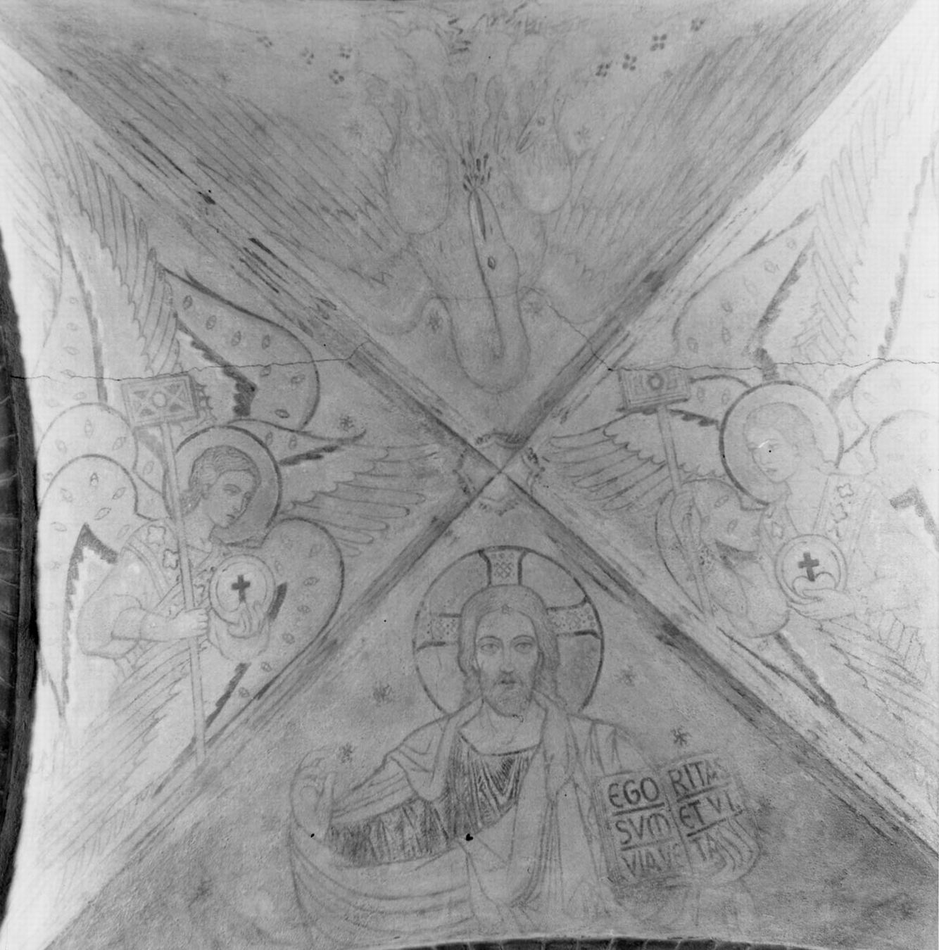 Cristo Benedicente, Angeli, Santi, Buon Pastore, simboli e motivi decorativi (dipinto, insieme) di Rivani Giuseppe (sec. XX)