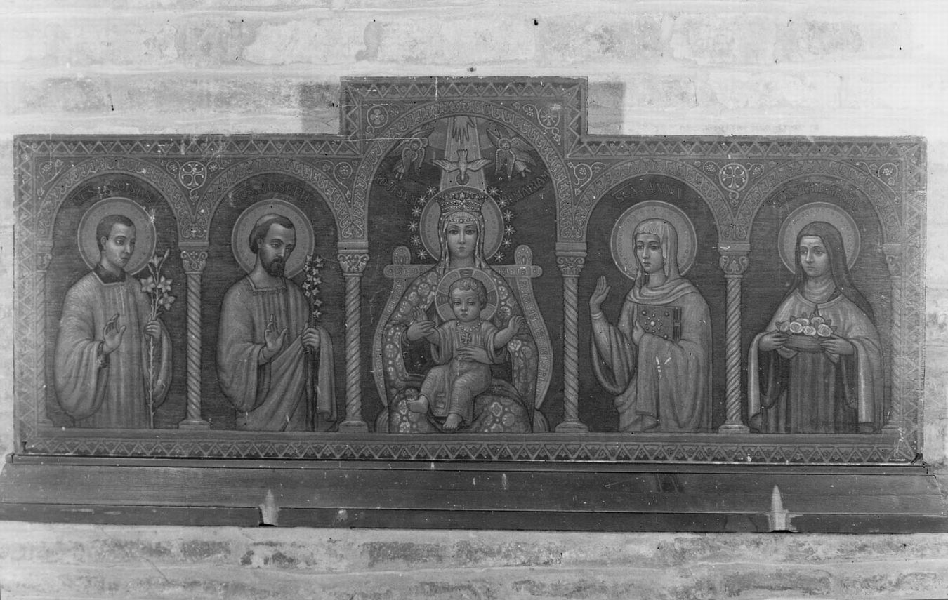Madonna con Bambino in trono tra San Luigi Gonzaga, San Giuseppe, Sant'Anna, Santa Teresa (dipinto) di Rivani Giuseppe (sec. XX)