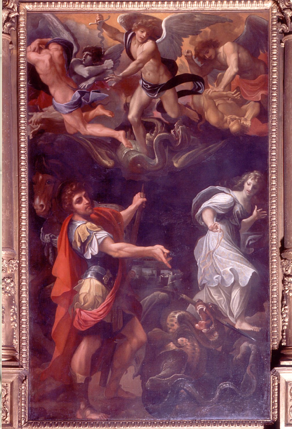 san Michele Arcangelo appare a san Giorgio che libera la principessa dal drago (pala d'altare) di Carracci Ludovico (sec. XVII)