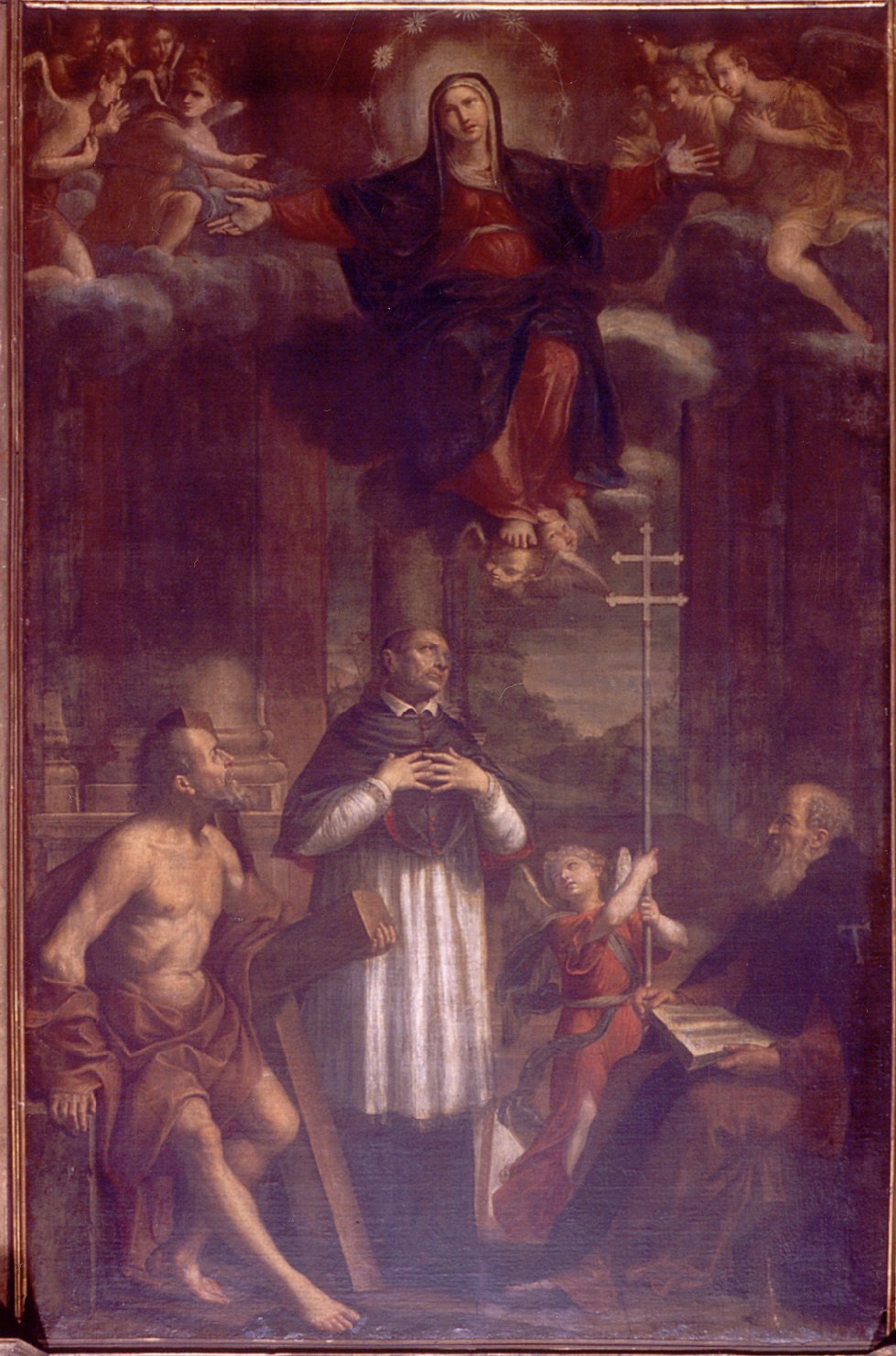 Madonna Assunta tra angeli appare a sant'Antonio Abate, sant'Andrea e san Lorenzo Giustiniani (pala d'altare) di Massari Lucio (sec. XVII)