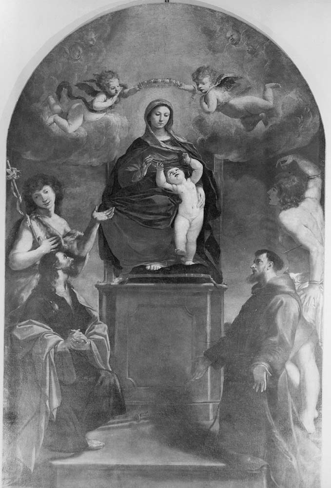 Madonna del Rosario con San Francesco, San Sebastiano, San Giacomo, San Giovanni Battista (dipinto) di Gessi Francesco (attribuito) (prima metà sec. XVII)