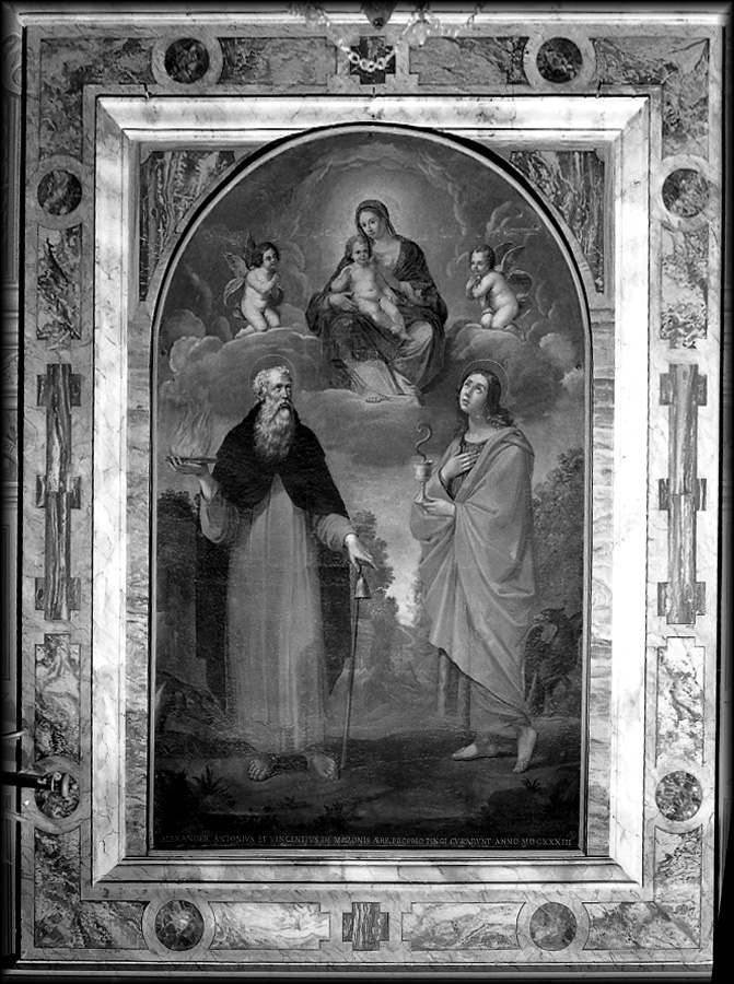 Madonna con Gesù Bambino, Sant'Antonio abate, San Giovanni Evangelista (dipinto) - ambito emiliano (sec. XVII)