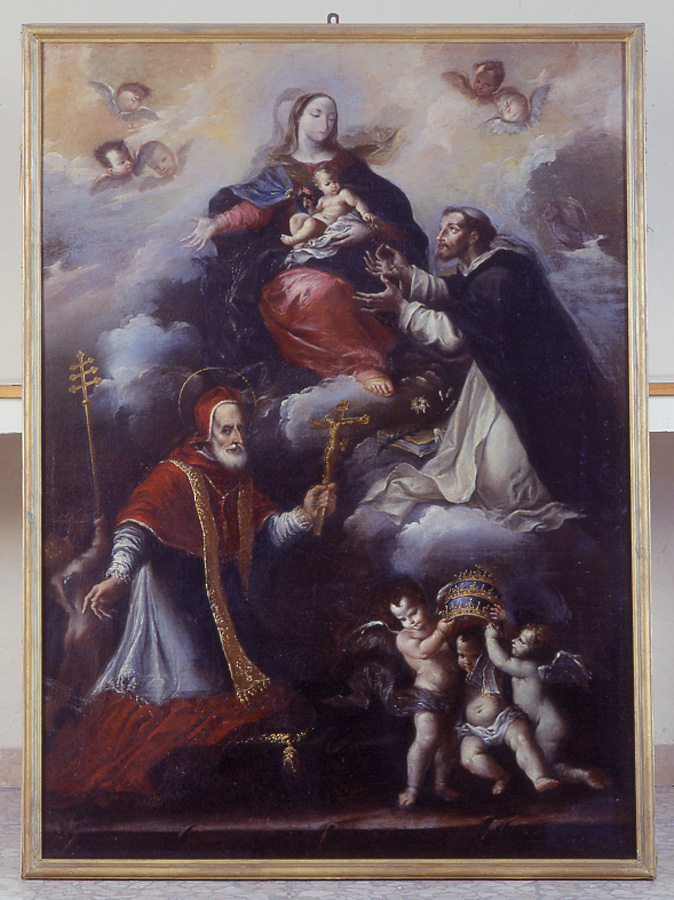 Madonna del rosario con San Domenico, San Pio V e angeli (dipinto) di Crespi Antonio (sec. XVIII)