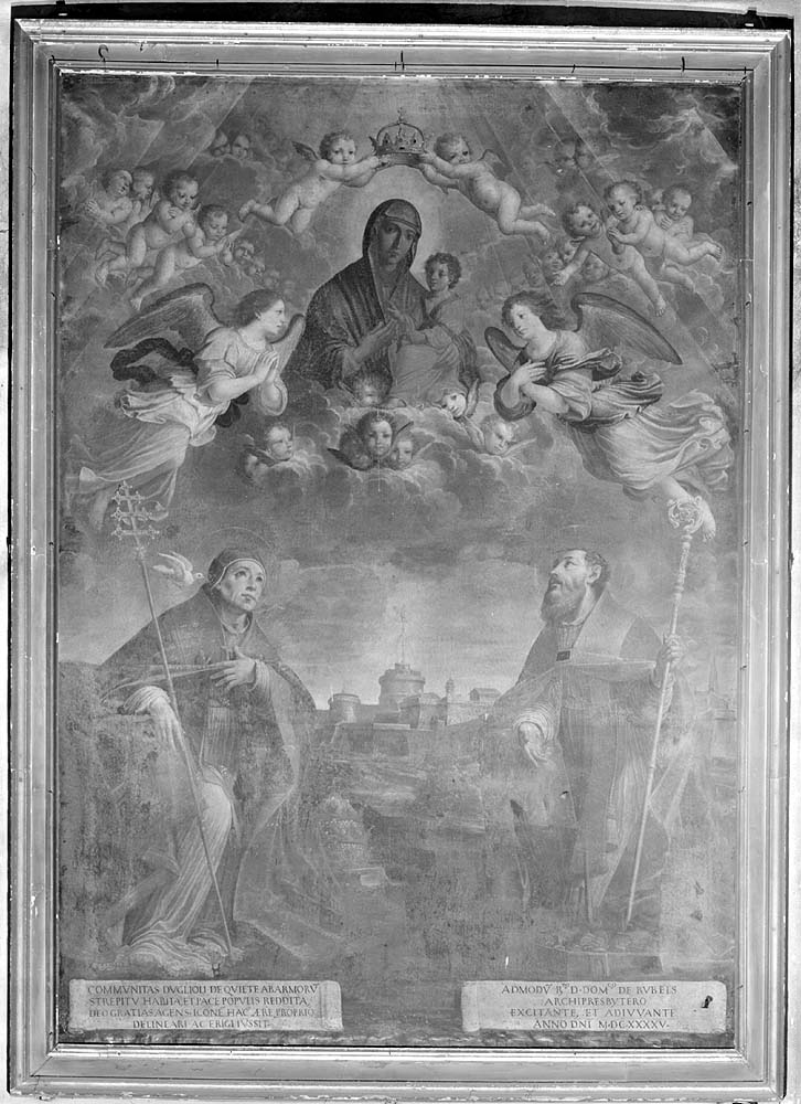 Beata Vergine di San Luca con San Gregorio Magno e San Petronio, Madonna in gloria tra San Gregorio e San Petronio (dipinto) - ambito bolognese (sec. XVII)