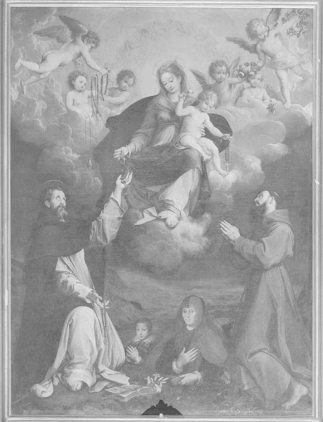 Madonna del rosario, San Domenico, San Francesco d'Assisi e devoti (dipinto) di Calvaert Denys detto Dionisio fiammingo (sec. XVII)