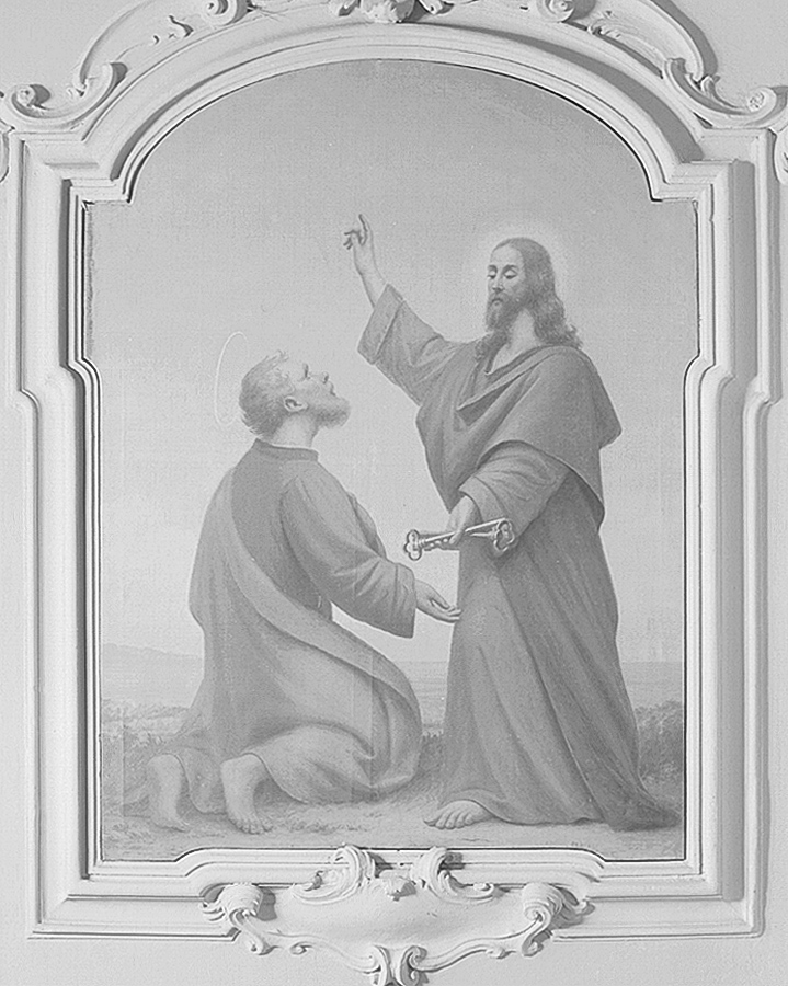 Gesù Cristo consegna le chiavi a San Pietro (Traditio Clavis) (dipinto, complesso decorativo) di Guardassoni Alessandro (scuola) (sec. XIX)