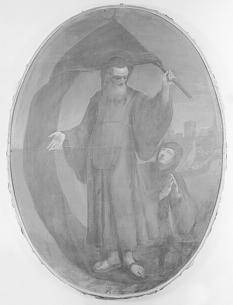 San Francesco di Paola attraversa lo stretto di Messina sul suo mantello (dipinto) - ambito emiliano (sec. XVIII)