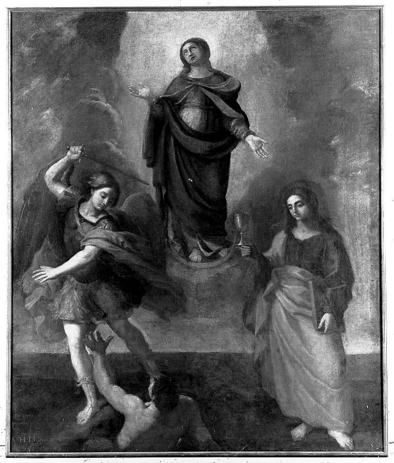 Madonna immacolata, San Michele arcangelo e San Giovanni Evangelista (dipinto) di Reni Guido (scuola) (seconda metà sec. XVII)