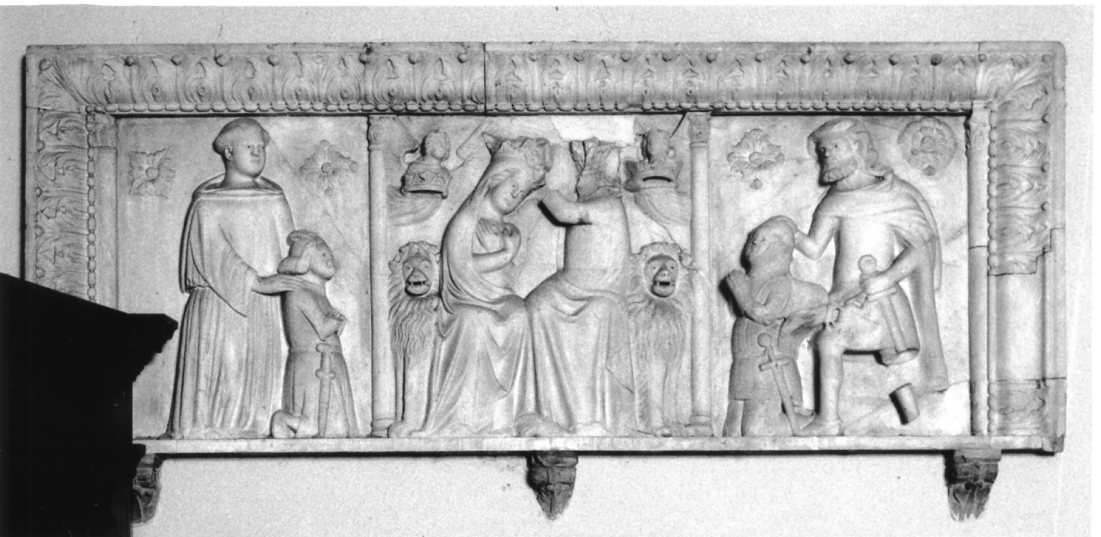 Incoronazione di Maria Vergine, San Floriano con un cavaliere e San Francesco con altro cavaliere (rilievo) di Pietro da Montechiaro (sec. XIV)