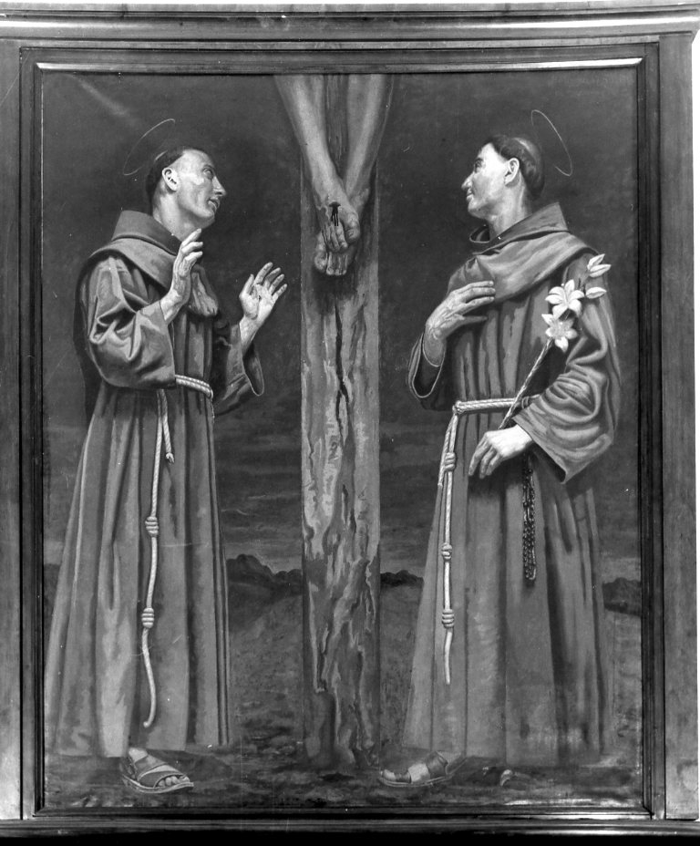 Cristo crocifisso adorato da Sant'Antonio da Padova e San Francesco d'Assisi (dipinto) - ambito emiliano (sec. XX)