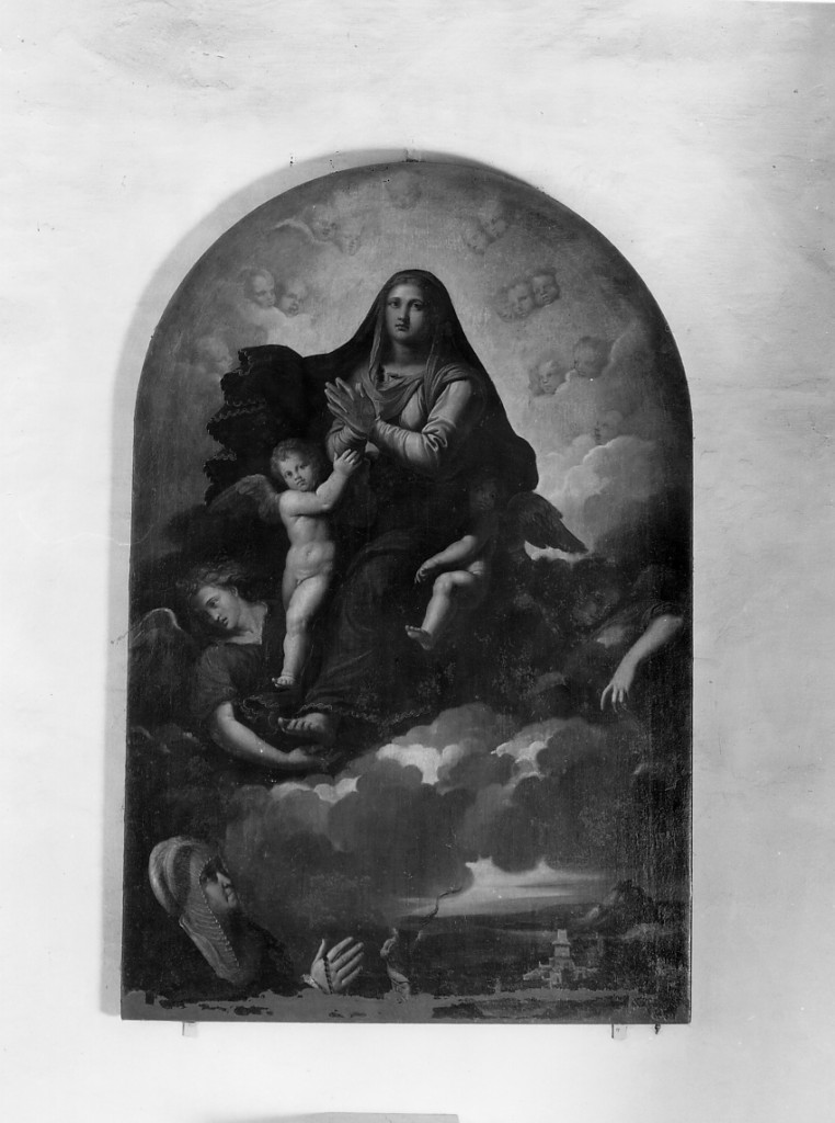 Pala Muzzarelli, apparizione della Madonna a Giulia Muzzarelli (dipinto) di Scarsella Ippolito detto Scarsellino (sec. XVII)