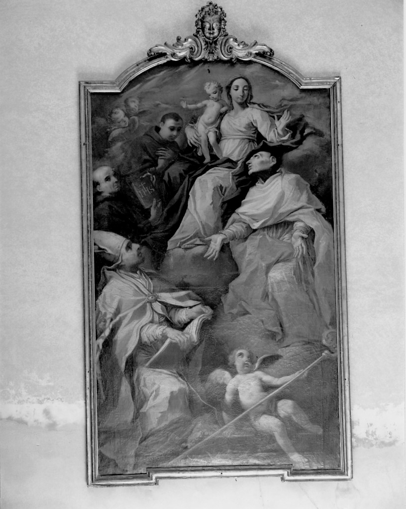 Madonna con Bambino in gloria, San Carlo Borromeo, San Maurelio e due Santi francescani (dipinto) di Parolini Francesco (sec. XVIII)
