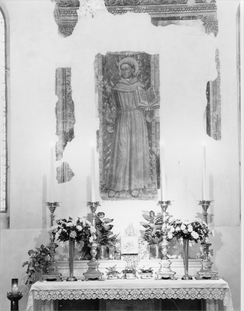 Sant'Antonio da Padova e due donatori (dipinto, frammento) di Maestro dell'Adorazione di Ferrara (attribuito) (metà sec. XV)