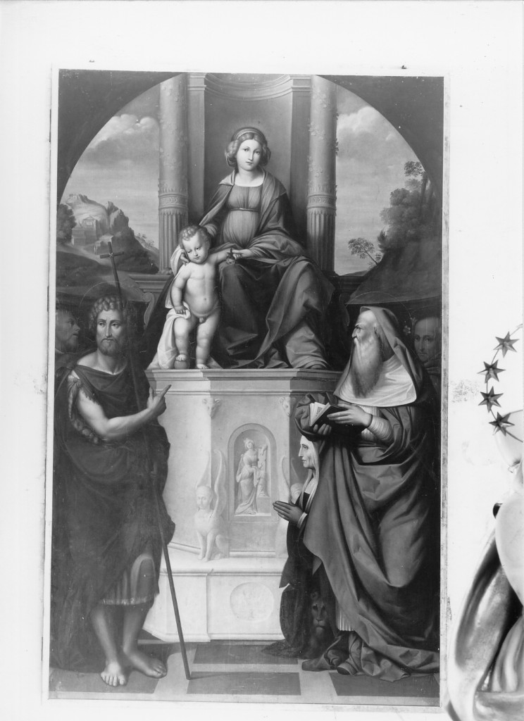 Madonna del pilastro, Madonna in trono con San Giovanni Battista, San Girolamo, la donatrice Ludovica Trotti e due santi (dipinto) di Fei Giovanni (seconda metà sec. XIX)