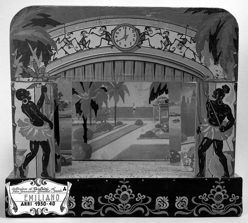 Veduta di giardino all'italiana con gazebo (teatrino) - bottega emiliana (sec. XX)