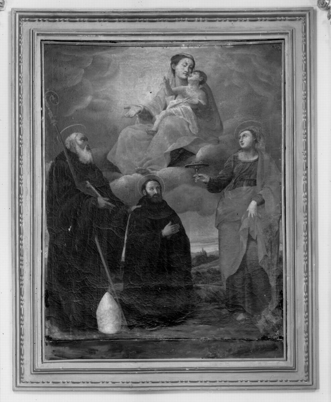 Madonna in gloria con san Benedetto, san Mauro, santa Lucia (dipinto) - manifattura bolognese (sec. XVII)