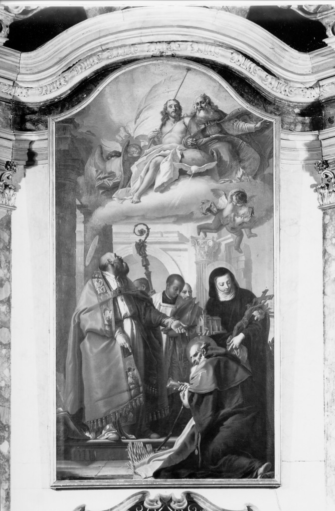 Trinità con San Benedetto, Sant'Antonio abate e Beata Beatrice (dipinto) di Randa Antonio (secondo quarto sec. XVII)