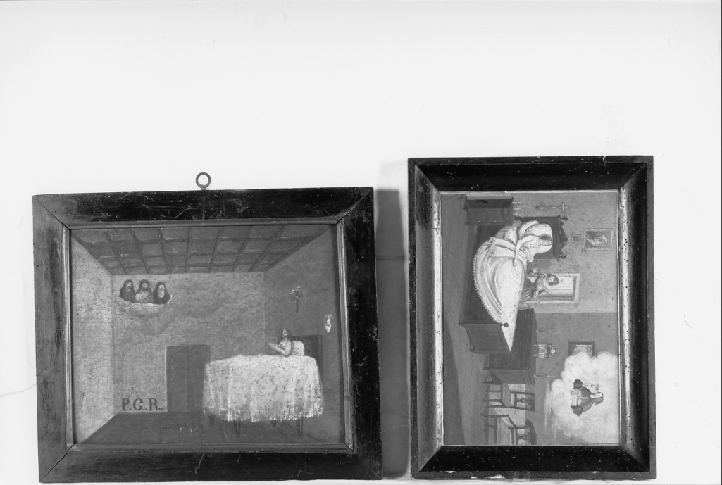 Cristo, la Vergine e la Beata Batrice appaiono a un malato a letto; la Beata Beatrice appare a due donne in una stanza (ex voto dipinto, serie) - ambito ferrarese (sec. XIX)