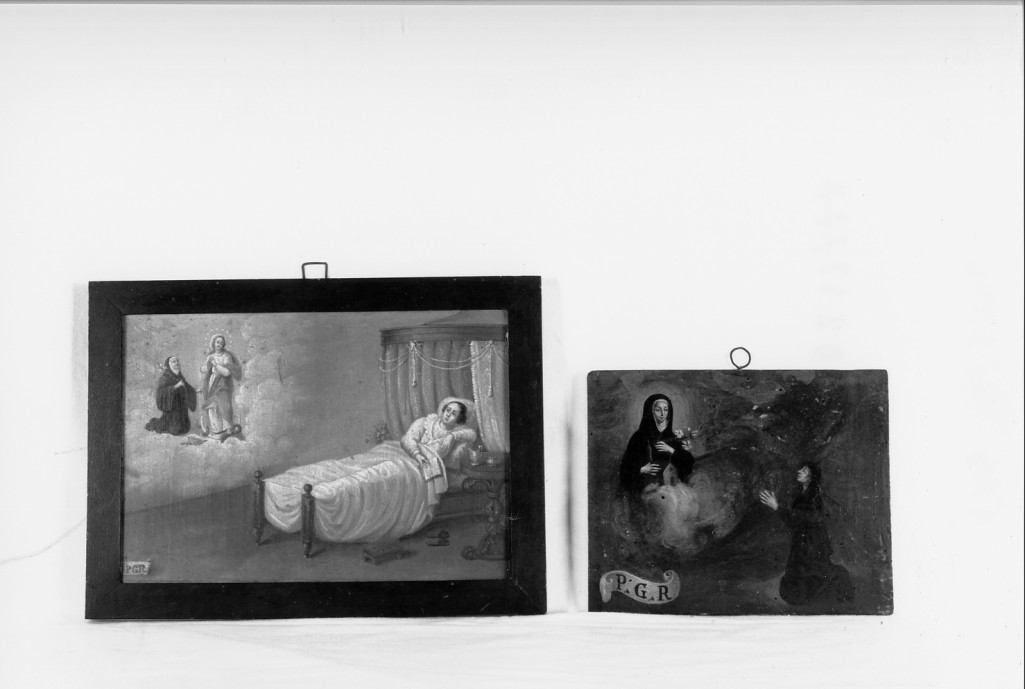 la Vergine e la Beata Beatrice appaiono a un malato coricato in un letto a baldacchino; apparizione della Beata Beatrice ad una figura in preghiera (ex voto dipinto, serie) - ambito ferrarese (sec. XIX)