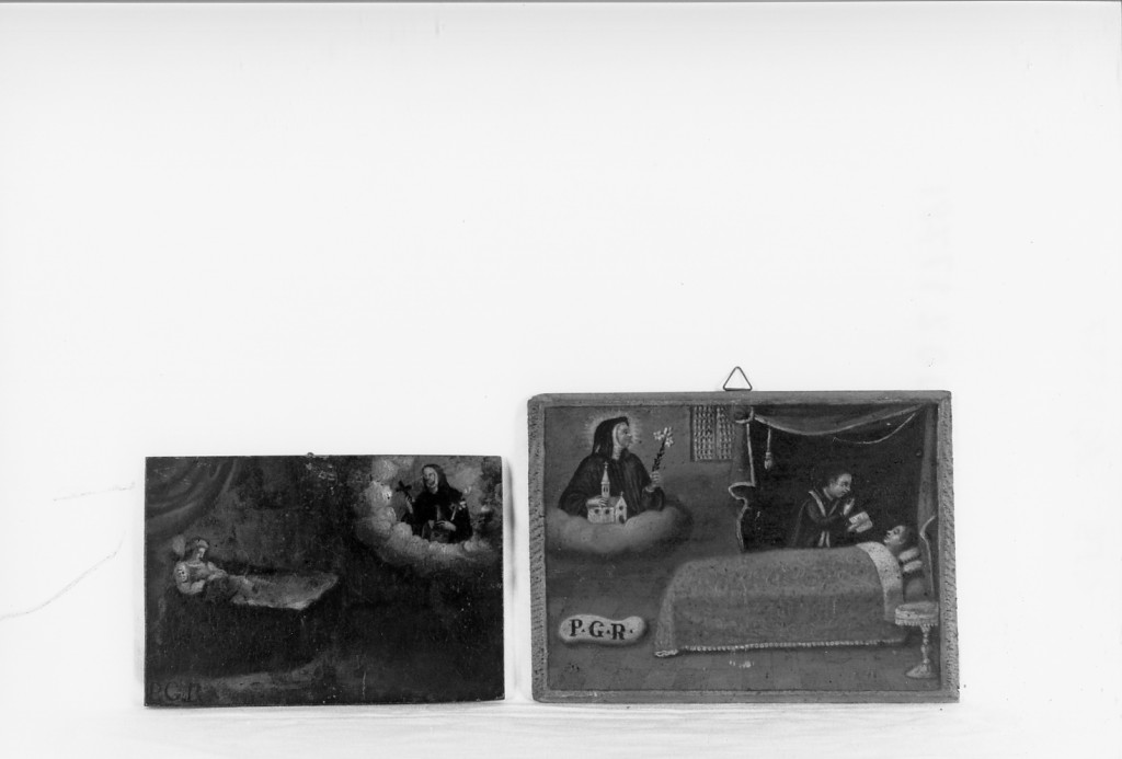 la Beata Beatrice appare ad un'ammalata coricata a letto; un ammalato riceve l'estrema unzione, a sinistra compare l'immagine della Beata Beatrice (ex voto dipinto, serie) - ambito ferrarese (sec. XIX)