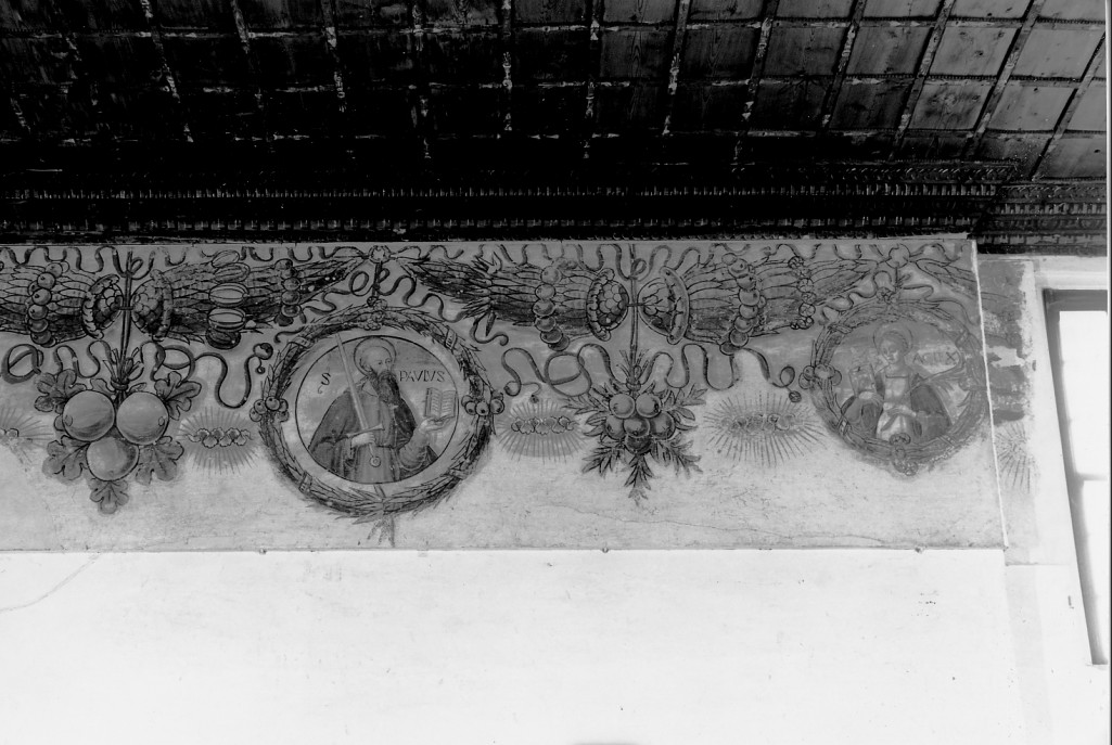motivi decorativi a festoni e medaglione con San Paolo (decorazione pittorica) - ambito ferrarese (ultimo quarto sec. XV)