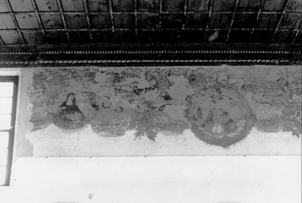 motivi decorativi a festoni e medaglione con la Beata Beatrice d'Este (decorazione pittorica) - ambito ferrarese (ultimo quarto sec. XV)